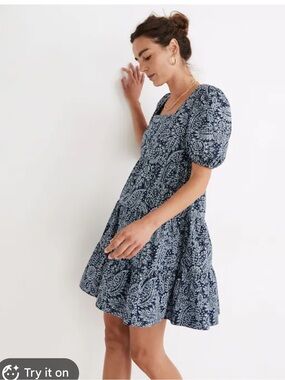 Light use! Madewell Poplin Puff-Sleeve Babydoll Dress in Paisley Garden size 6
